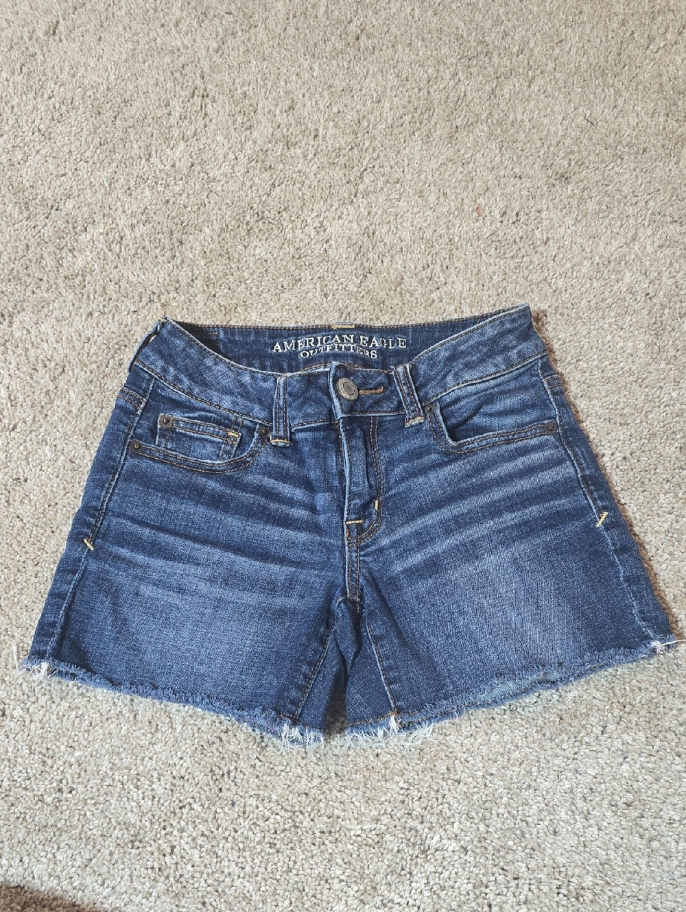 American Eagle Outfitters Blue Denim Frayed Hem Jean Shorts (Shortie)